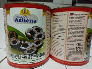 Оливки черные резаные, "ATHENA", 3,1/1,56кг